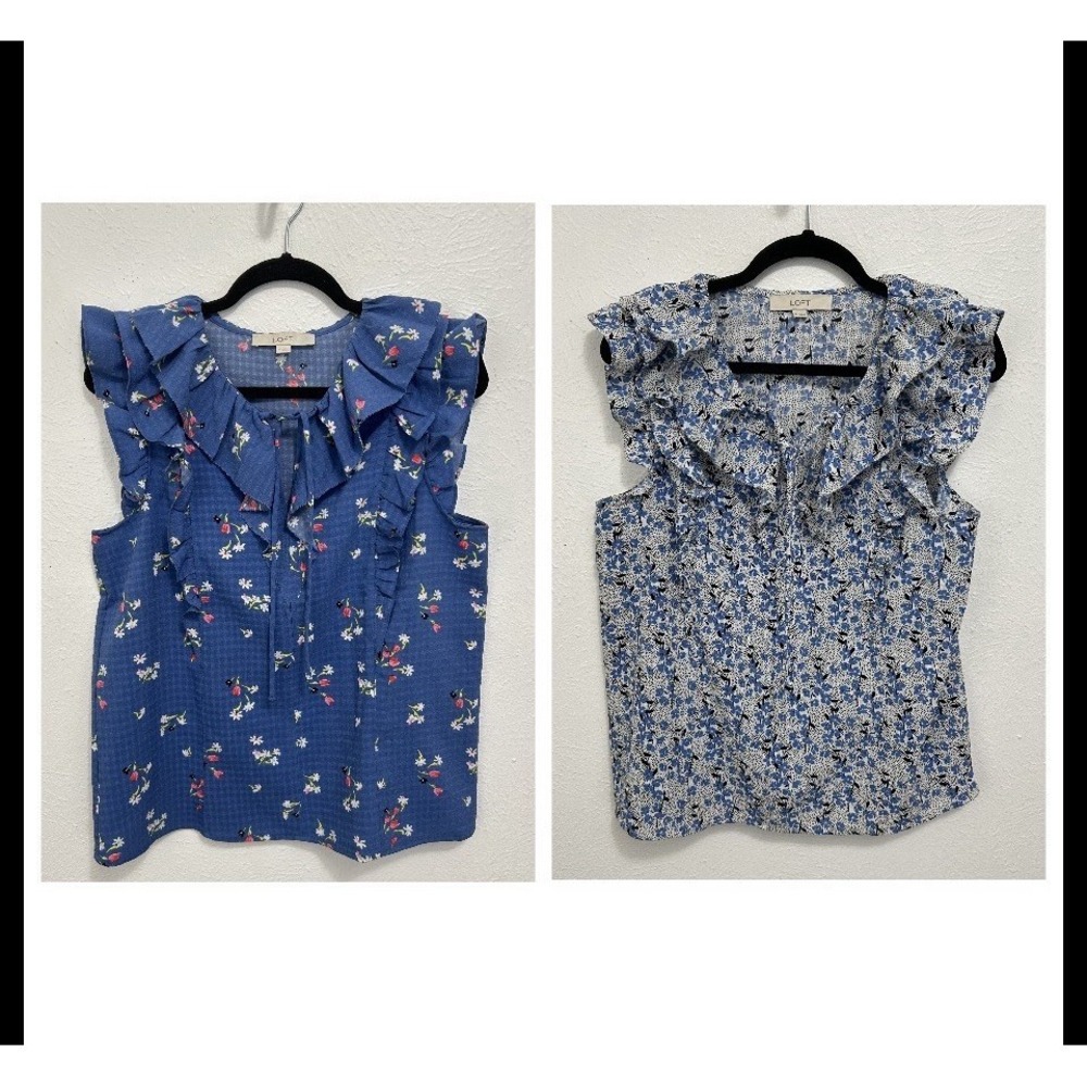 2 LOFT Blouses Blue Colorful Floral Ruffle Neck Sleeveless Cottagecore Career M